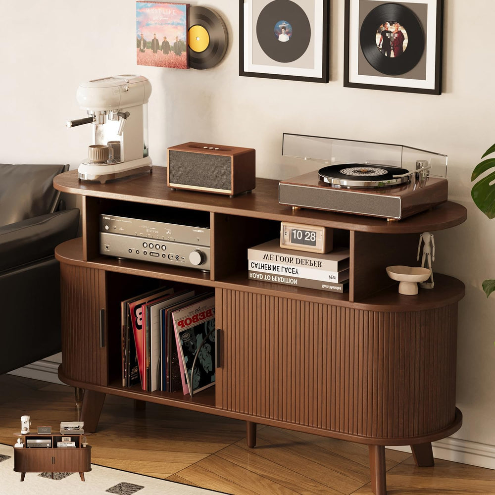 Large Record Player Stand with Sliding Doors, Fluted Media TV Stand
