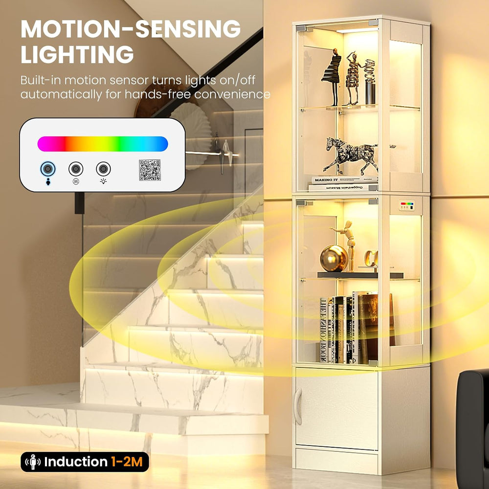 Display Cabinet with Glass Doors, RGB Lighting & Bottom Storage, White