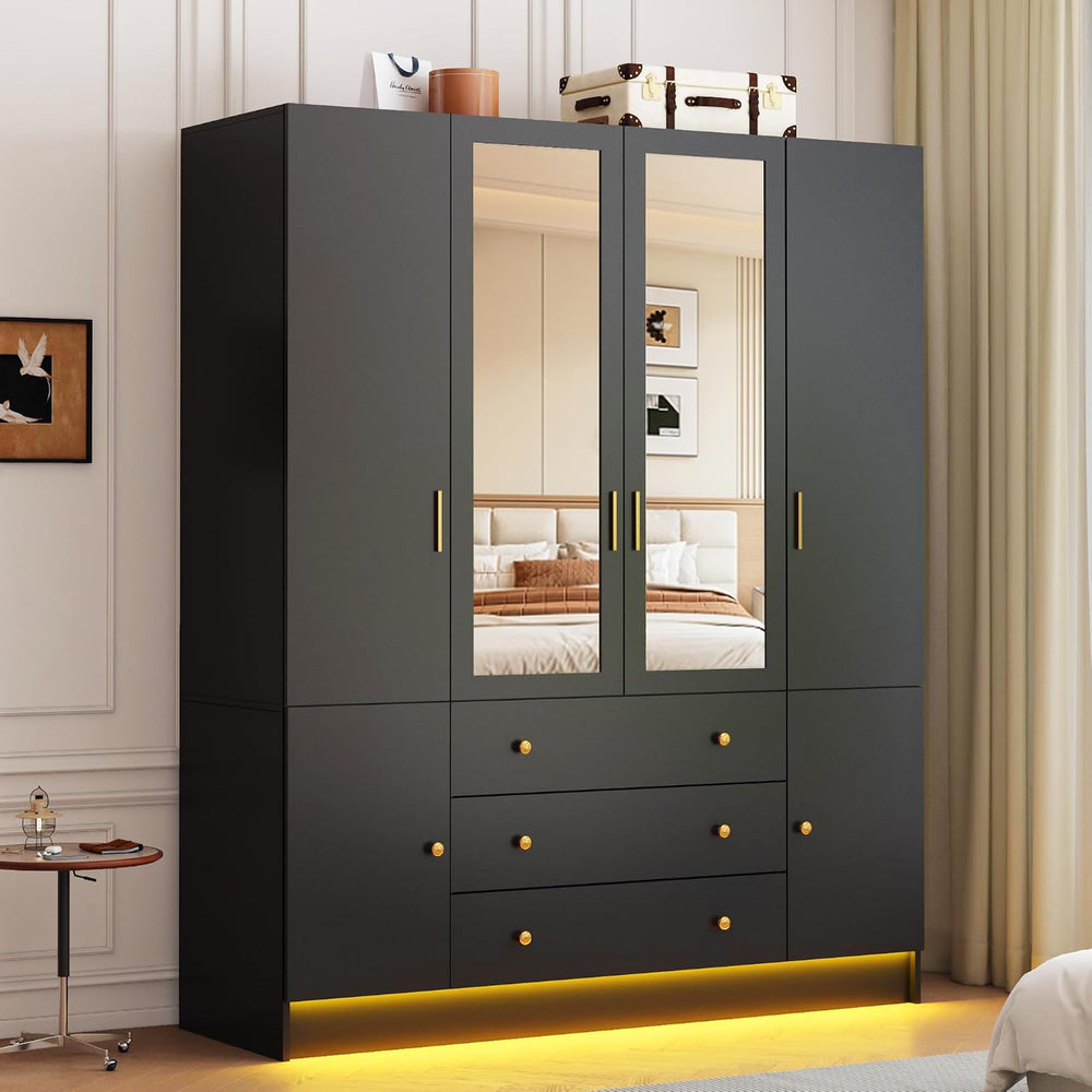 4 Doors LED Armoire Wardrobe Closet with Mirror, 75" Tall Modern Wooden ...