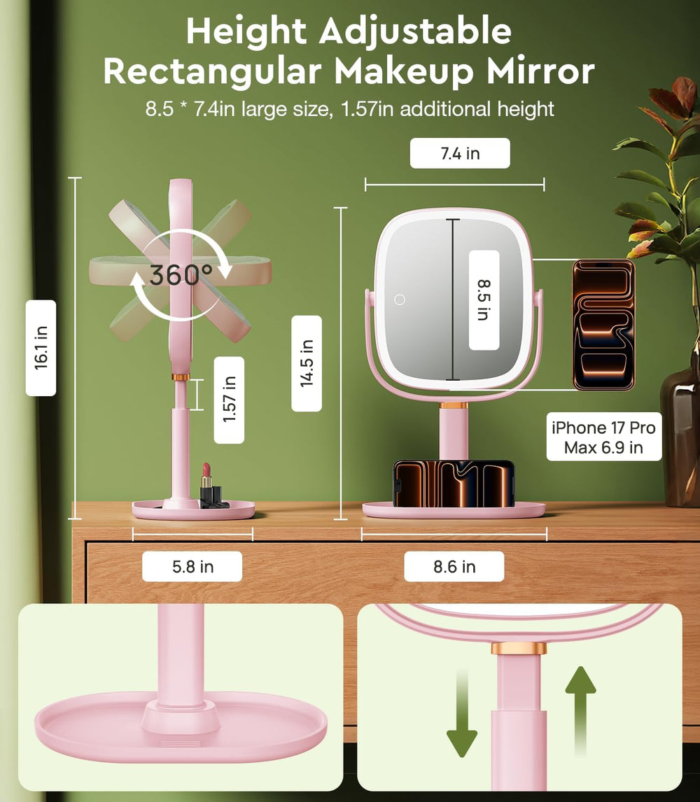Height Adjustable Lighted Makeup Mirror with Lights and Magnification 20X