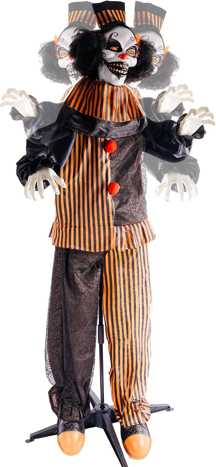 Hourleey Halloween Outdoor Standing Clown Decorations, Life Size Animatronic Scary The Talking Clown with Flashing Red Eyes, Indoor Outdoor Halloween Decoration