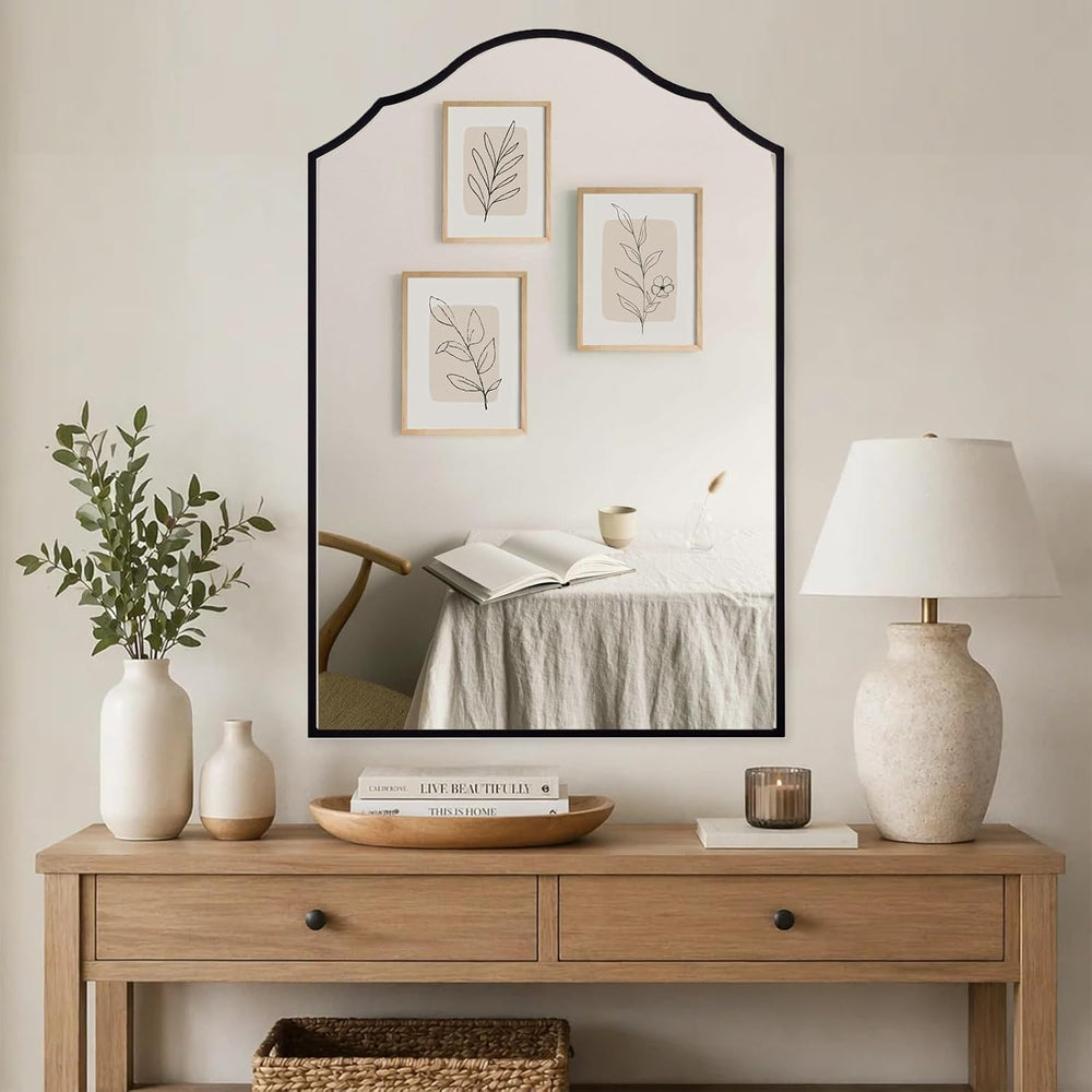Black Scalloped Arched Wall Mirror for Bathroom, 36"x24"
