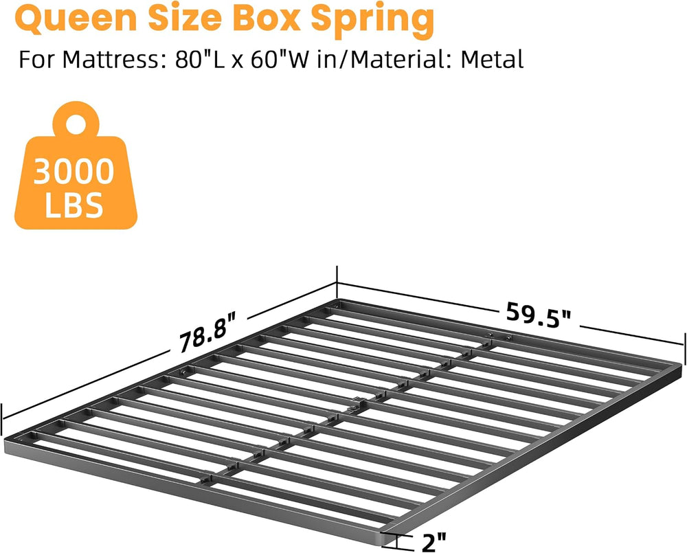 2 Inch Queen Metal Box Spring with Round Corners, Low Profile bed slat