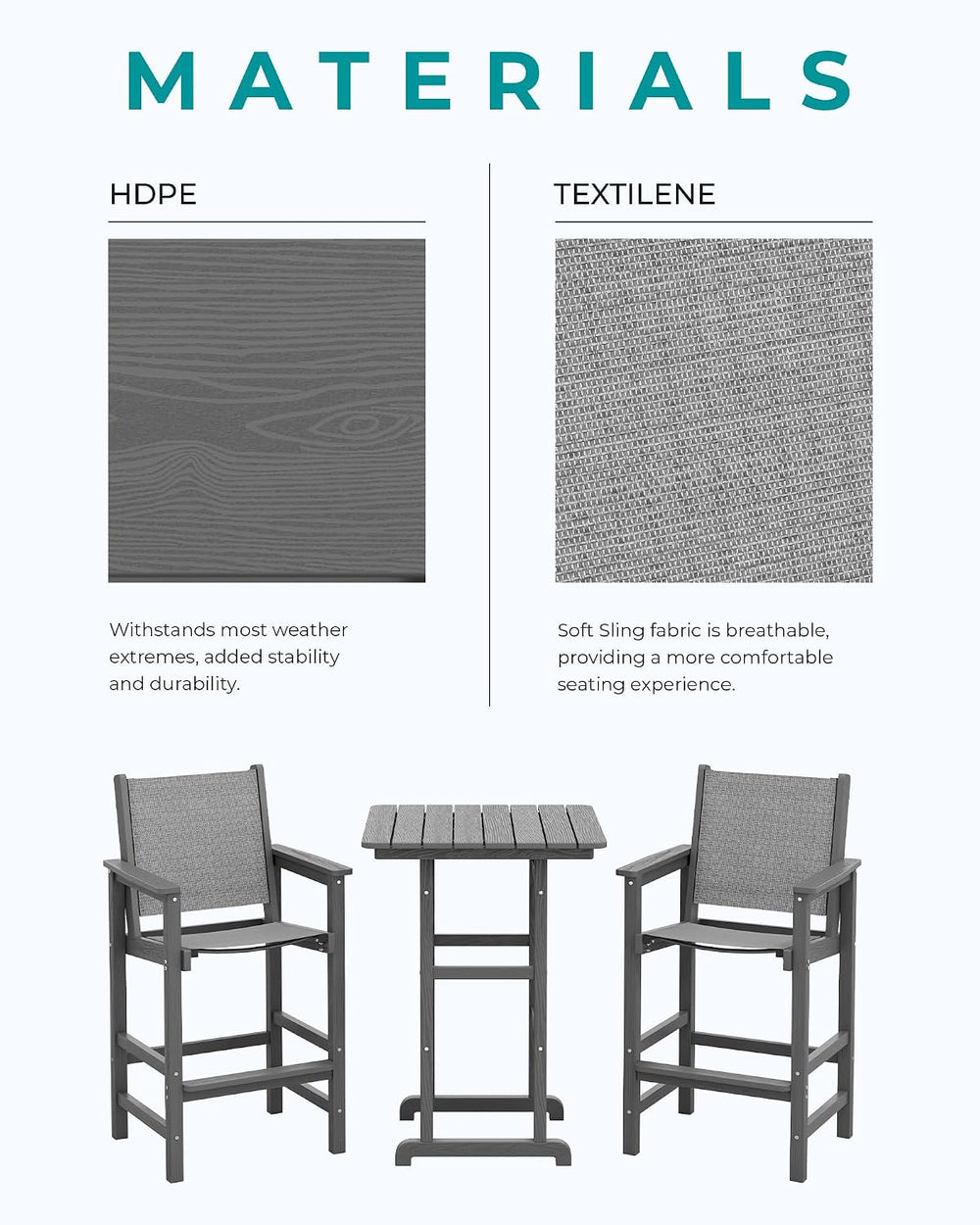 SERWALL 3 Pcs Textilene Bar Height Adirondack Chairs and Table Set, Grey