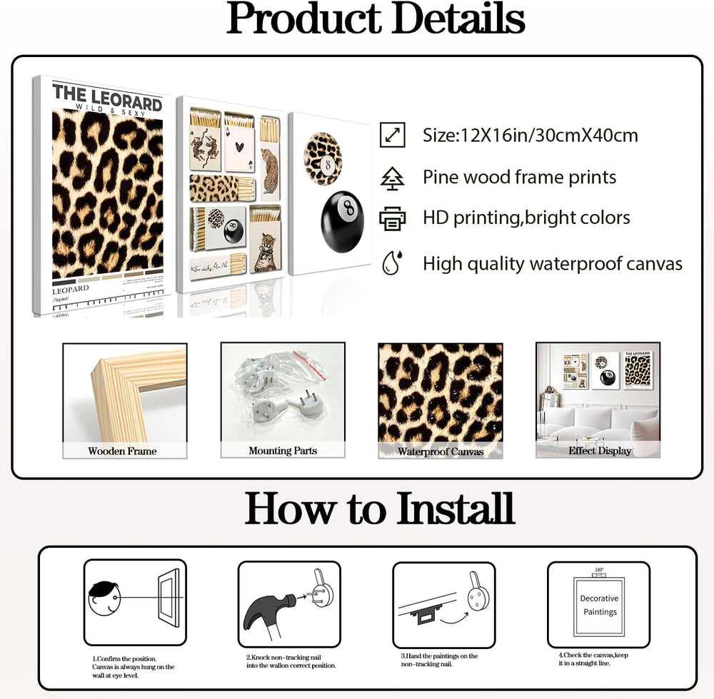 Framed Trendy Leopard Canvas Wall Art Set of 3, Preppy Cheetah Lucky 8 Ball P...