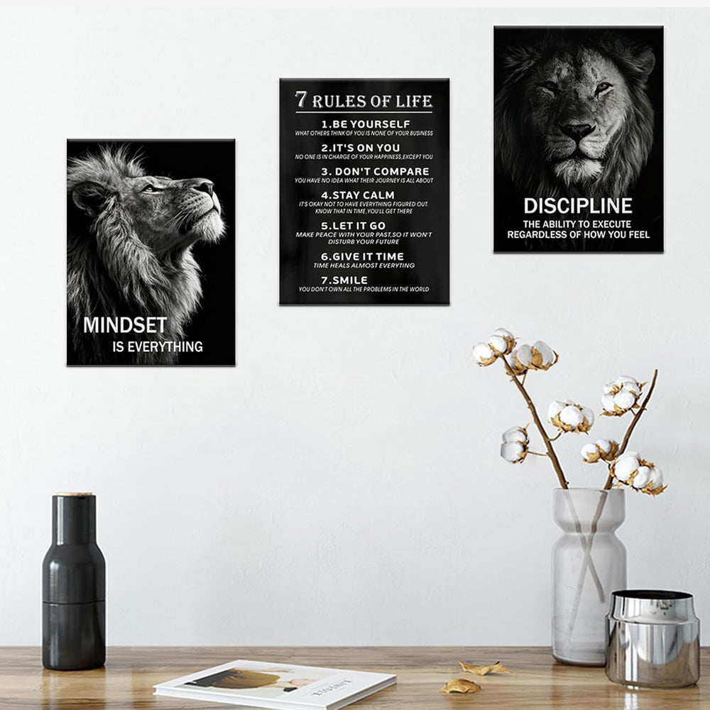 3 Pieces Lion Motivational Canvas Wall Art Mindset is Everything Inspirationa...