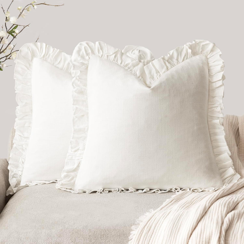 Foindtower Linen Fringe Ruffle Throw Decorative Pillow Covers 22×22 White