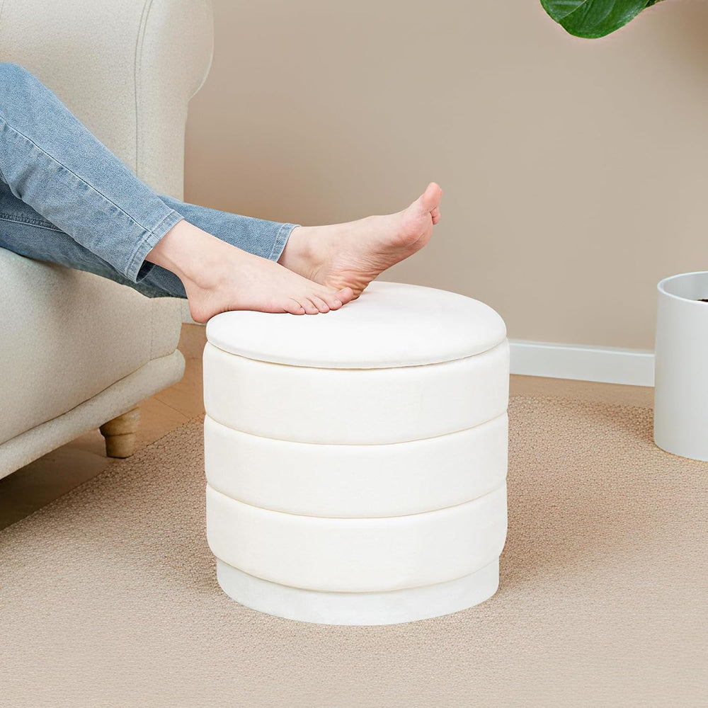 Round Storage Ottoman, 15.4" Velvet Footstool, White