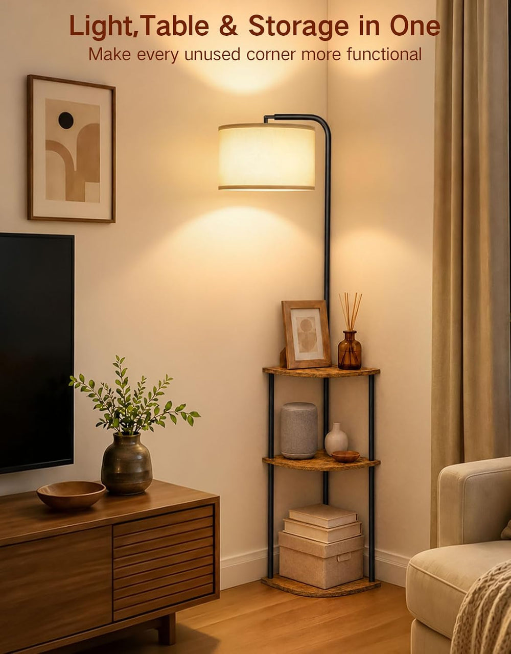 Corner Floor Lamp with Table, Standing Lamp with Side Table