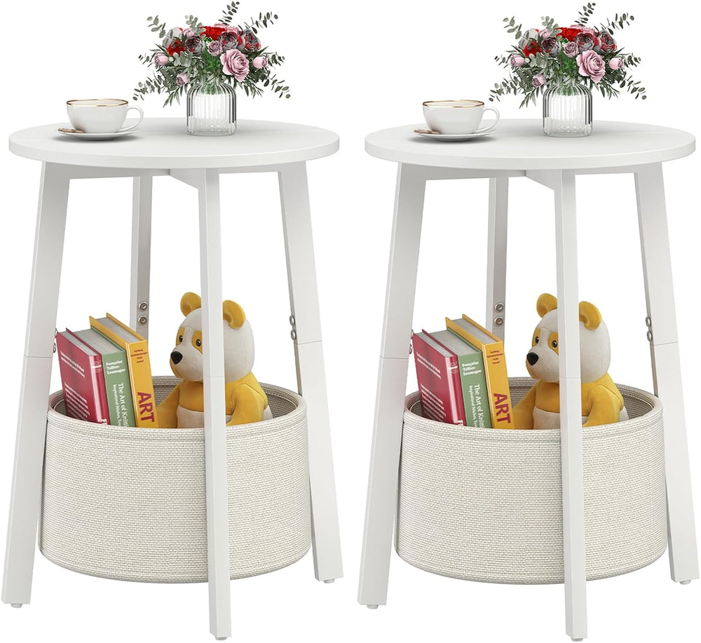 sthmec Small Round Side End Table Set of 2 with Cloth Storage Basket, Round B...
