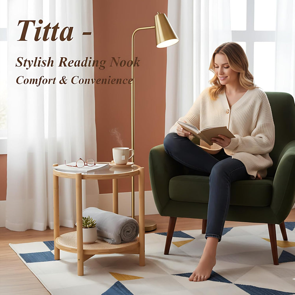 Tiita Natural Rattan End Table with Storage, Bamboo Glass Top Side Table