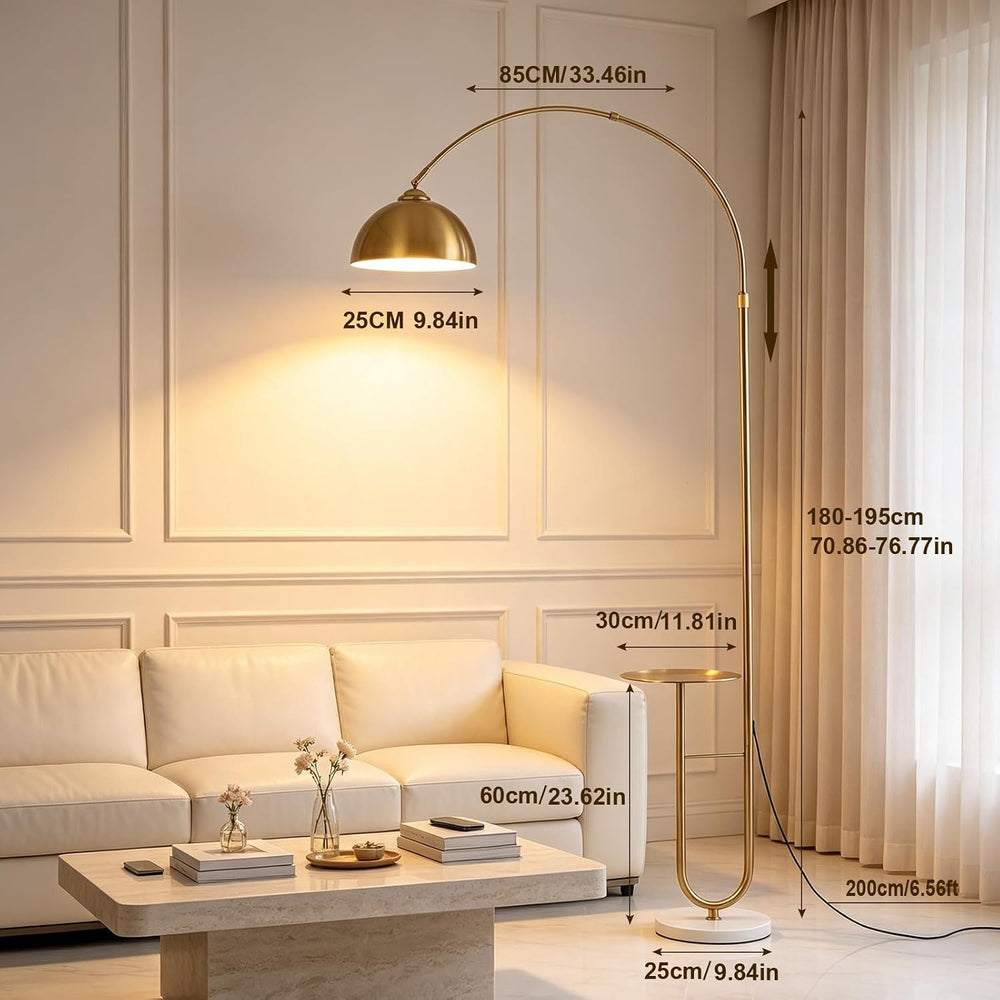 Gold Arc Floor Lamp with Table, Stepless Dimming & Remote,E26 Bulb Included