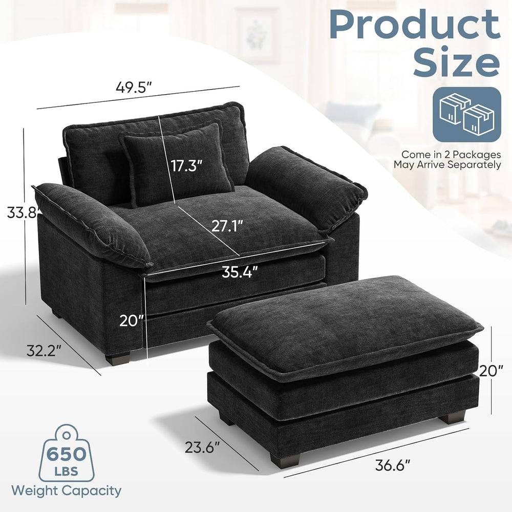 CDCASA Oversized Accent Chair w/Ottoman, Chenille Cloud Sofa Chair, Black