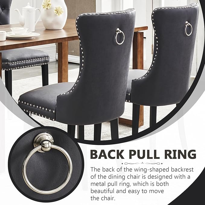 Kiztir Leather Dining Chairs Set of 4, Upholstered Dining Chair with Nailhead Trim and Solid Wood Legs, Luxury Wingback Dining Side Chair for Living Room, Bedroom, Kitchen (Black)