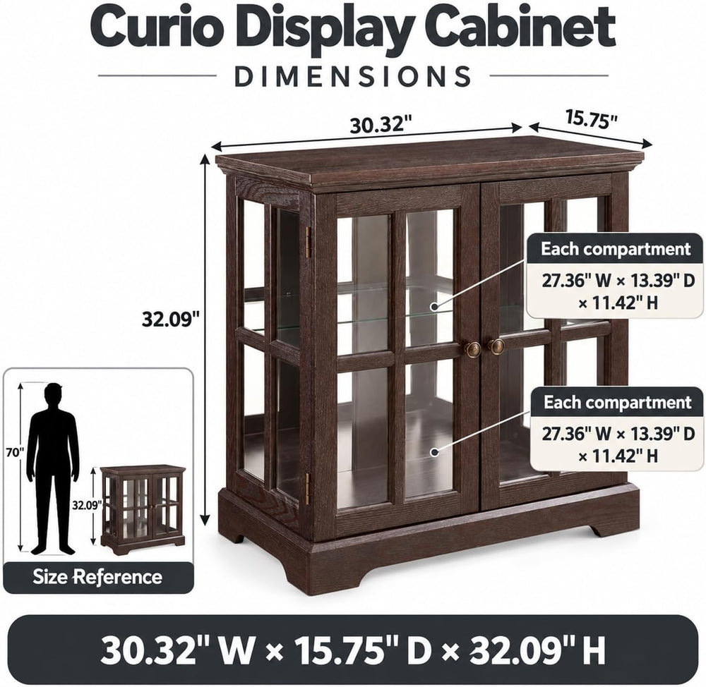 30" Curio Display Cabinet with Glass Doors, LED Light & Shelves