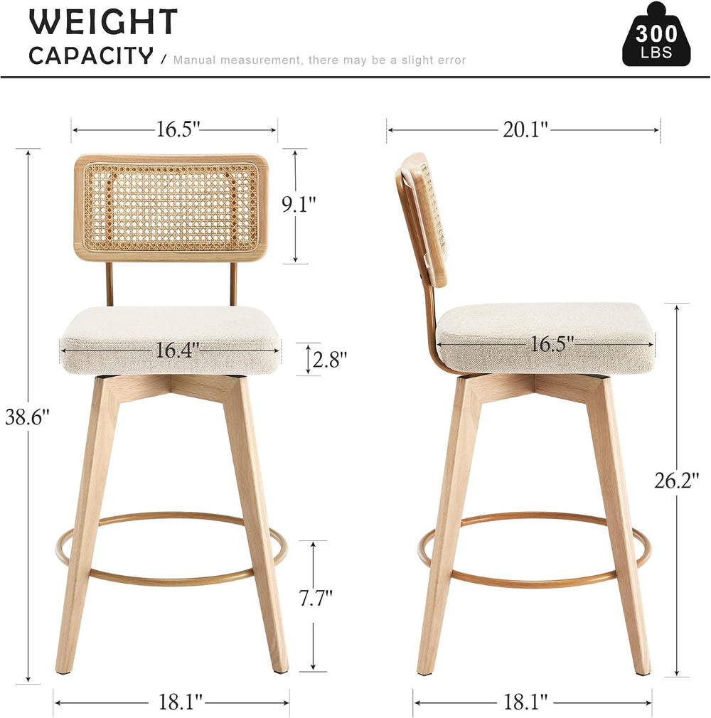 26" Swivel Boho Bar Stools Set of 4, Solid Wood, Rattan, Beige