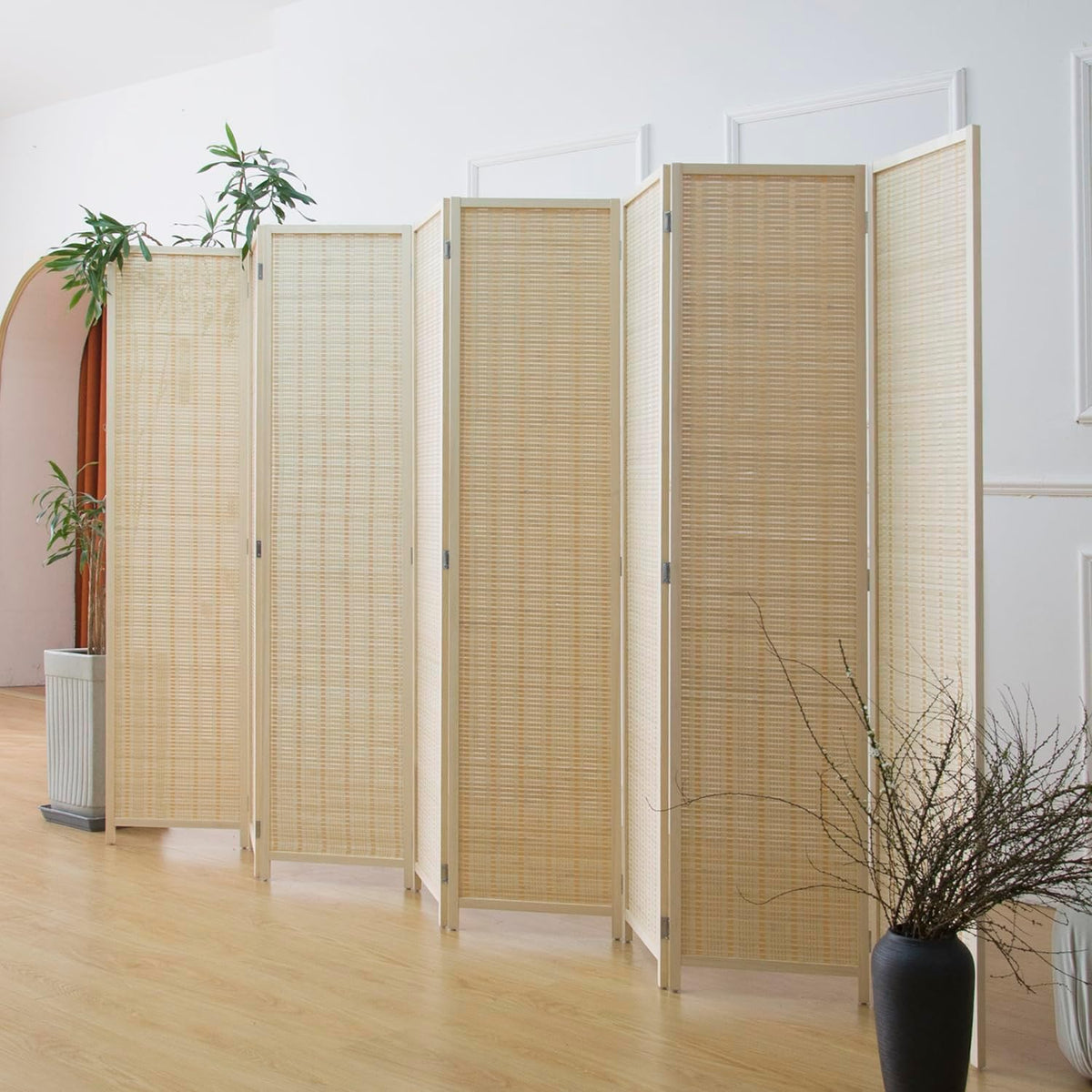 Furnnylane 8 Panel Bamboo Room Divider - 5.6 ft Tall Folding Privacy Screen, Natural Beige Freestanding Partition Wall (67" x 122.8", 8-Panel)