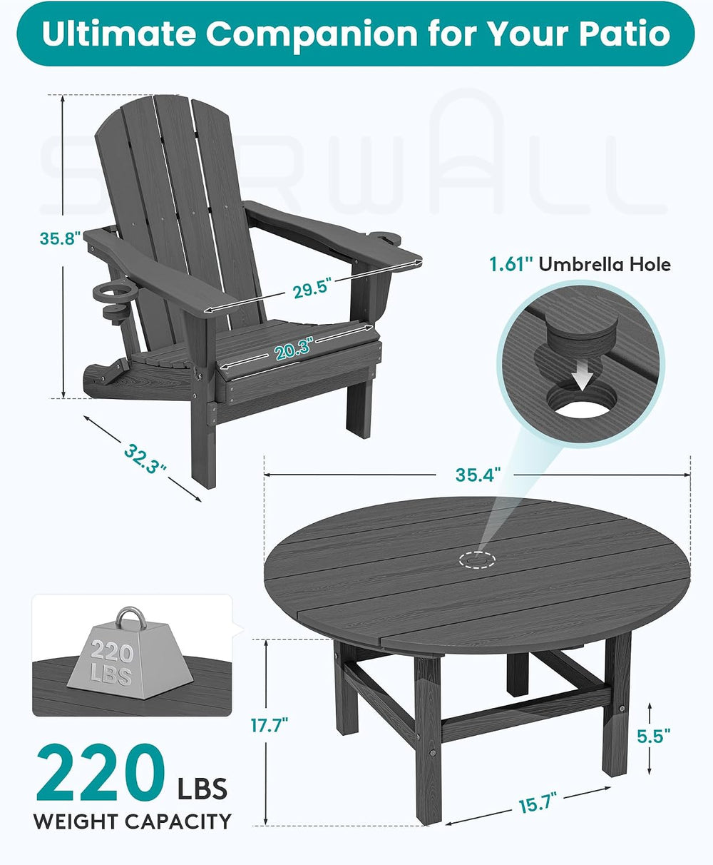 SERWALL 35.5'' Round Outdoor Coffee Table with Umbrella Hole,Grey