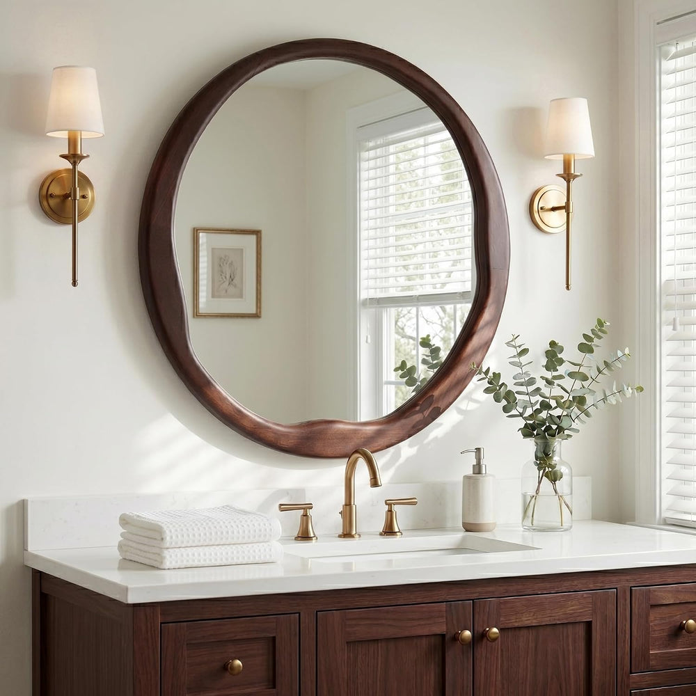 Dark Walnut 24 Inch Round Wood Wall Mirror, Asymmetrical Inner Edge