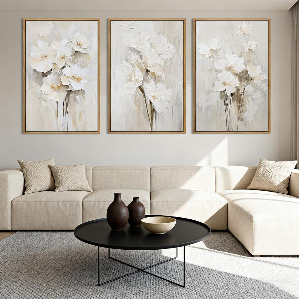 Anyzal Framed Neutral Beige Floral Wall Art Large 16x24 Inch White Cream Flow...