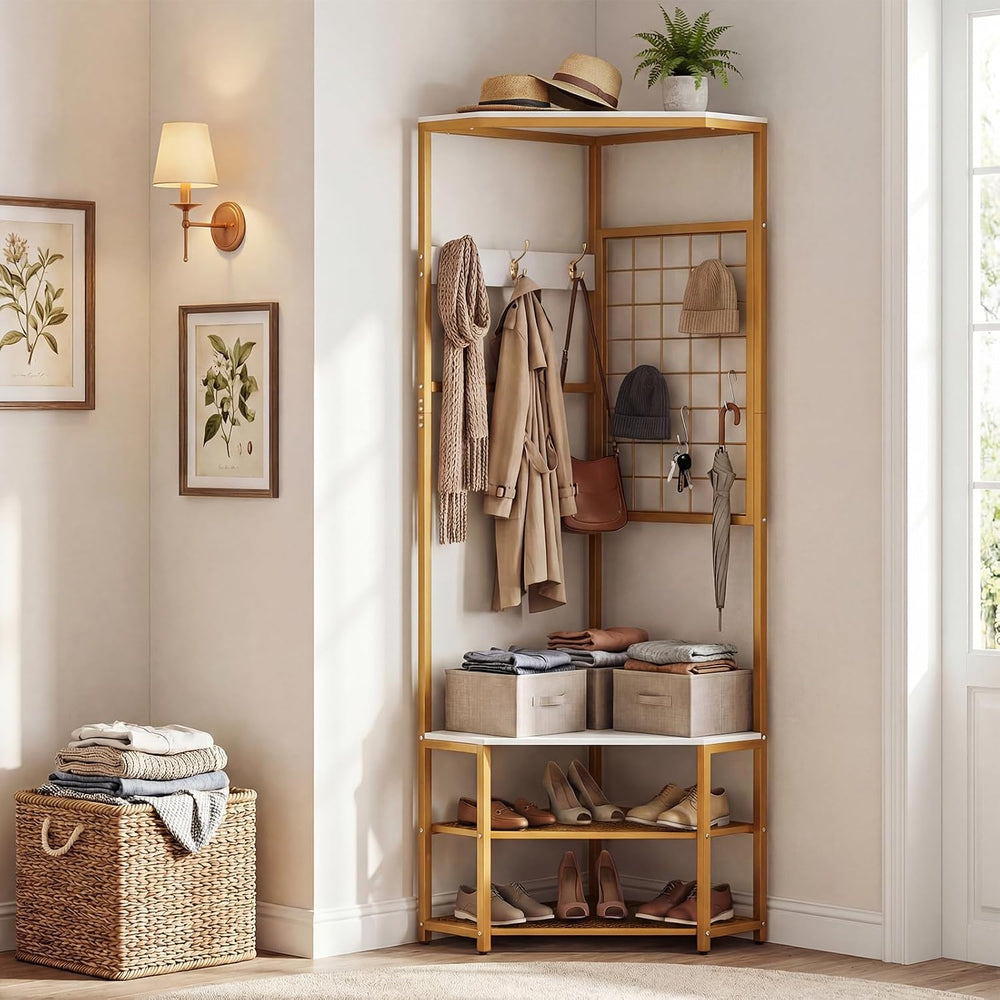 GOFLAME Corner Hall Tree, Freestanding Coat Rack Stand with Storage Shelves, ...