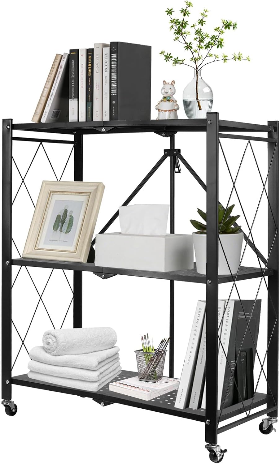 3-Tier Foldable Storage Shelf with Wheels, Metal Collapsible Shelving Unit, R...
