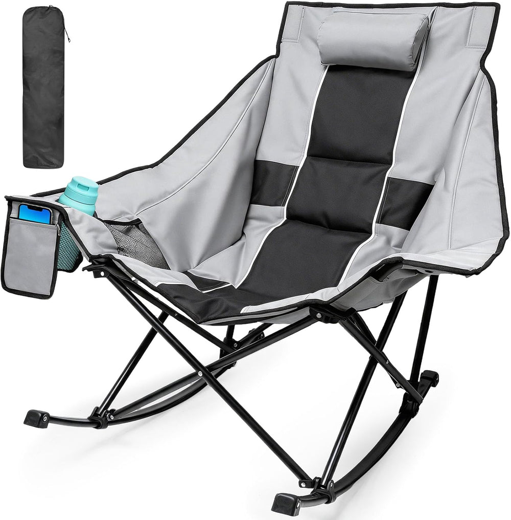 ZENPETIO Oversized Rocking Camping Chair, Folding Rocker Chairs, Gray Black