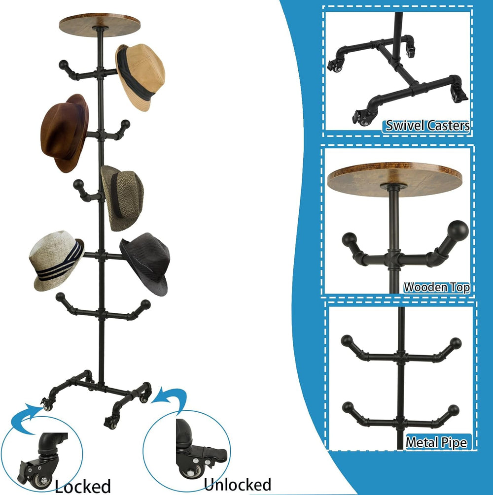 uyoyous Industrial Standing Hat Rack on Wheels with 10 Hooks