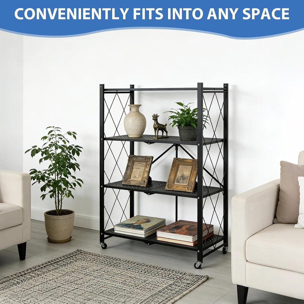 4-Tier Foldable Storage Shelf with Wheels, Metal Collapsible Shelving Unit, Heavy-Duty Rolling Cart for Kitchen Pantry Garage Office, Pre-Assembled Organizer Rack – Black