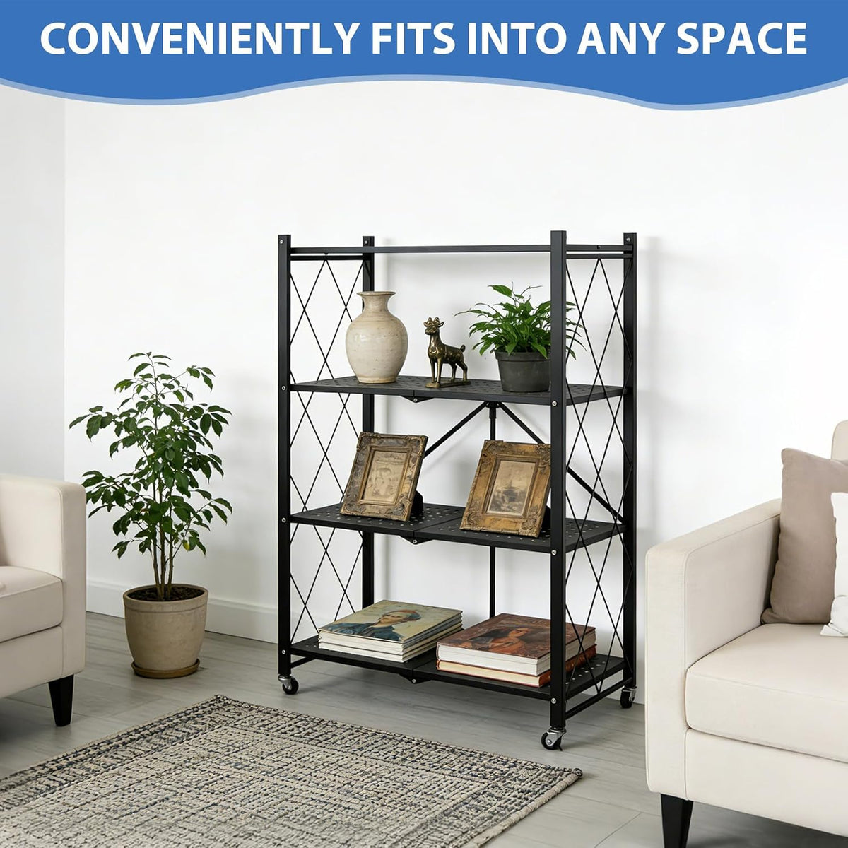 4-Tier Foldable Storage Shelf with Wheels, Metal Collapsible Shelving Unit, Heavy-Duty Rolling Cart for Kitchen Pantry Garage Office, Pre-Assembled Organizer Rack – Black