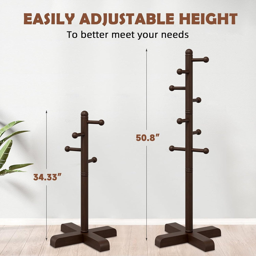 8-Hook Freestanding Wooden Coat Rack 2 Adjustable Heights Brown