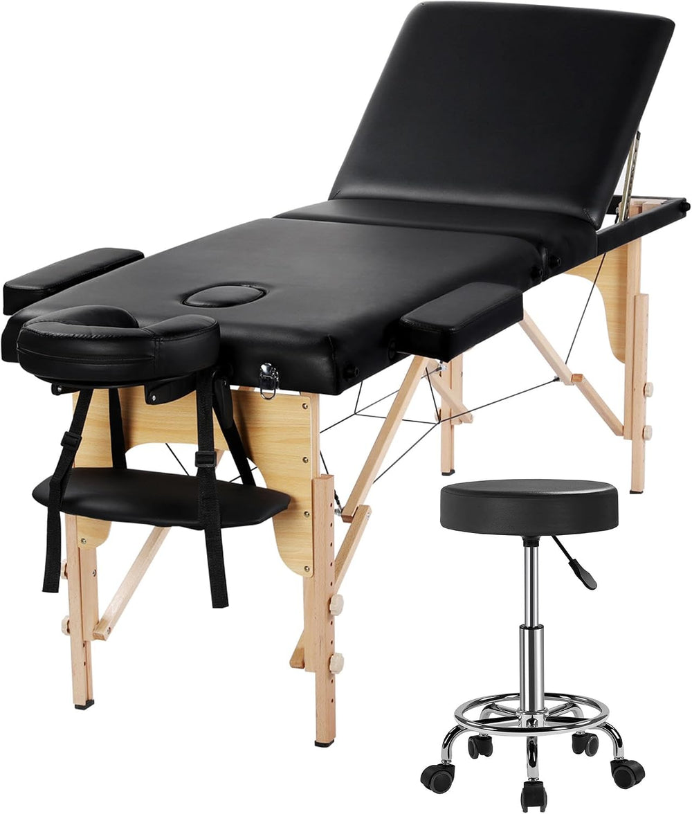 Yaheetech 3 Section Massage Bed with Stool Set Portable & Foldable Black