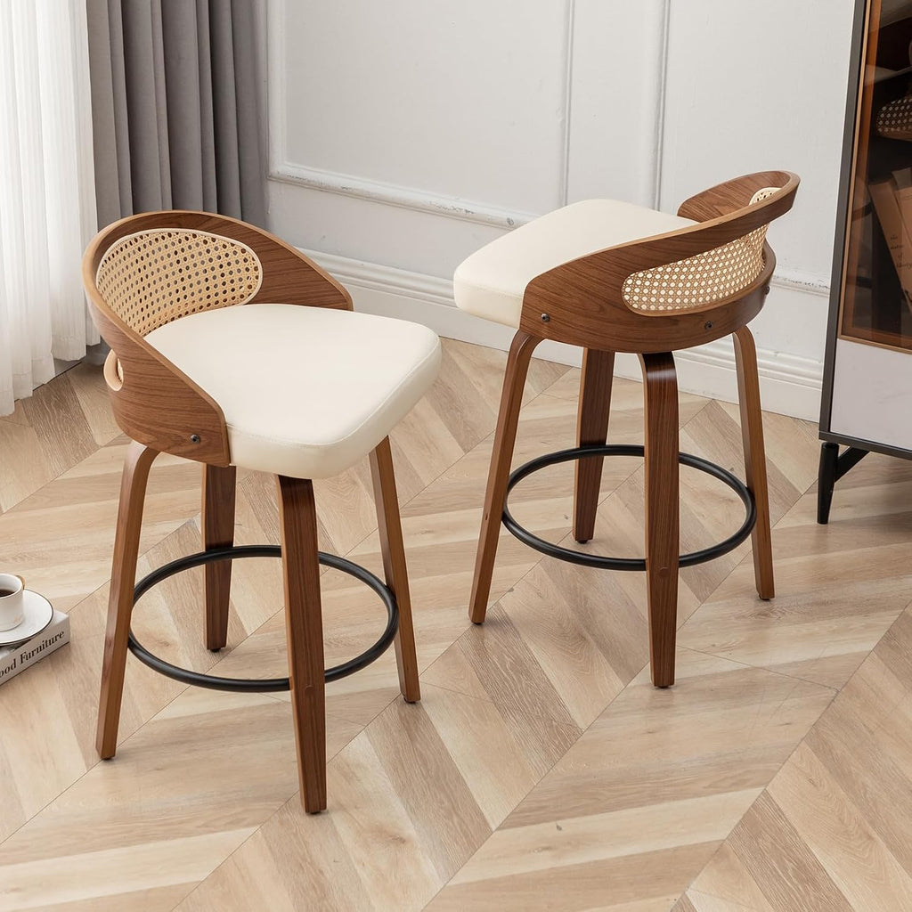 24.8" Swivel Rattan Bar Stools with Back Beige Counter Height Stools 2PCS