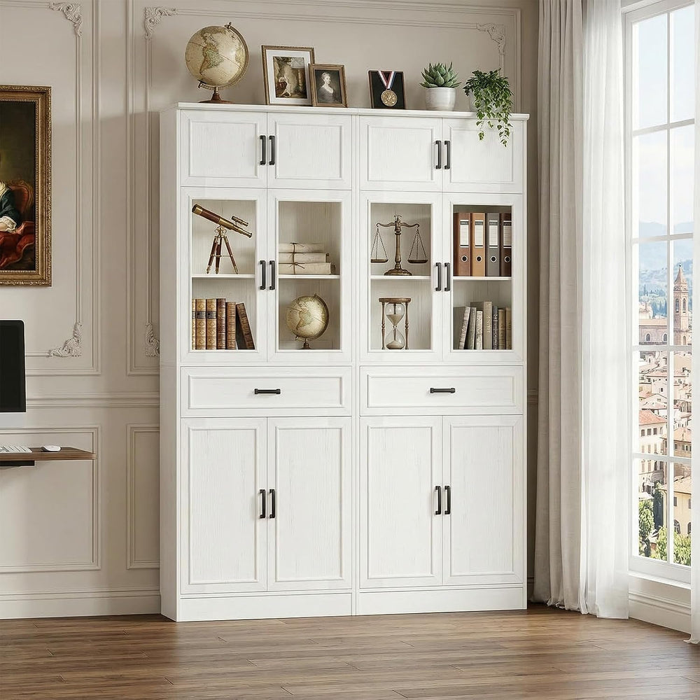 Unikito 80" Kitchen Pantry Cabinet with Glass Doors and Drawer Organizer