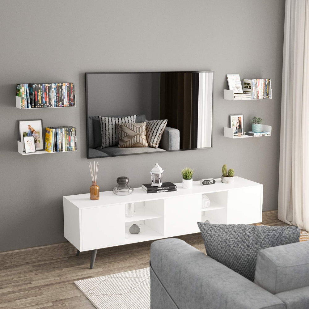 Wallniture Bali White Bookshelf and CD DVD Storage Shelf Set of 4, Metal Floa...