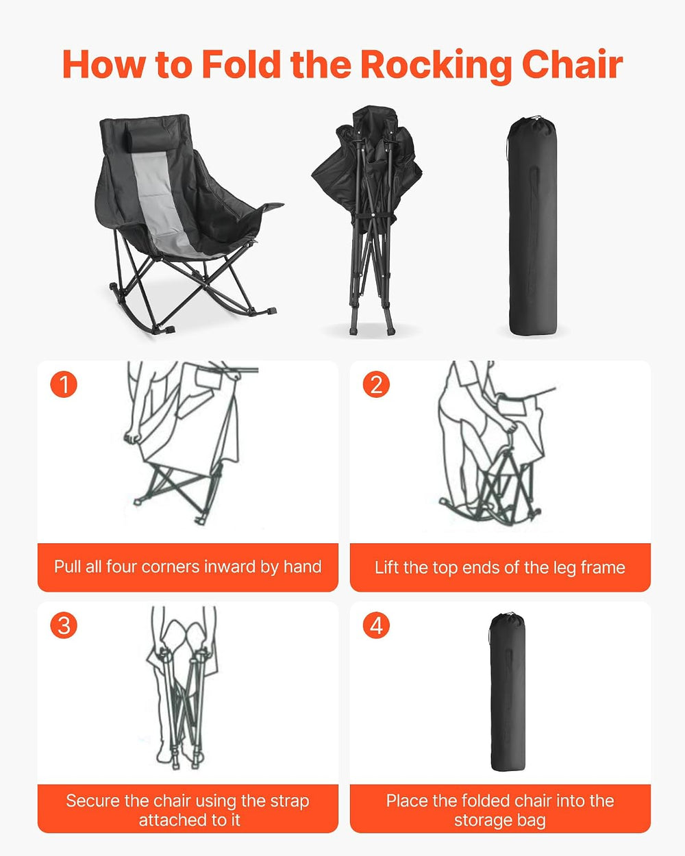 VEVOR Rocking Camping Chair, Portable Folding Rocker, Heavy-Duty Lawn Chair R...
