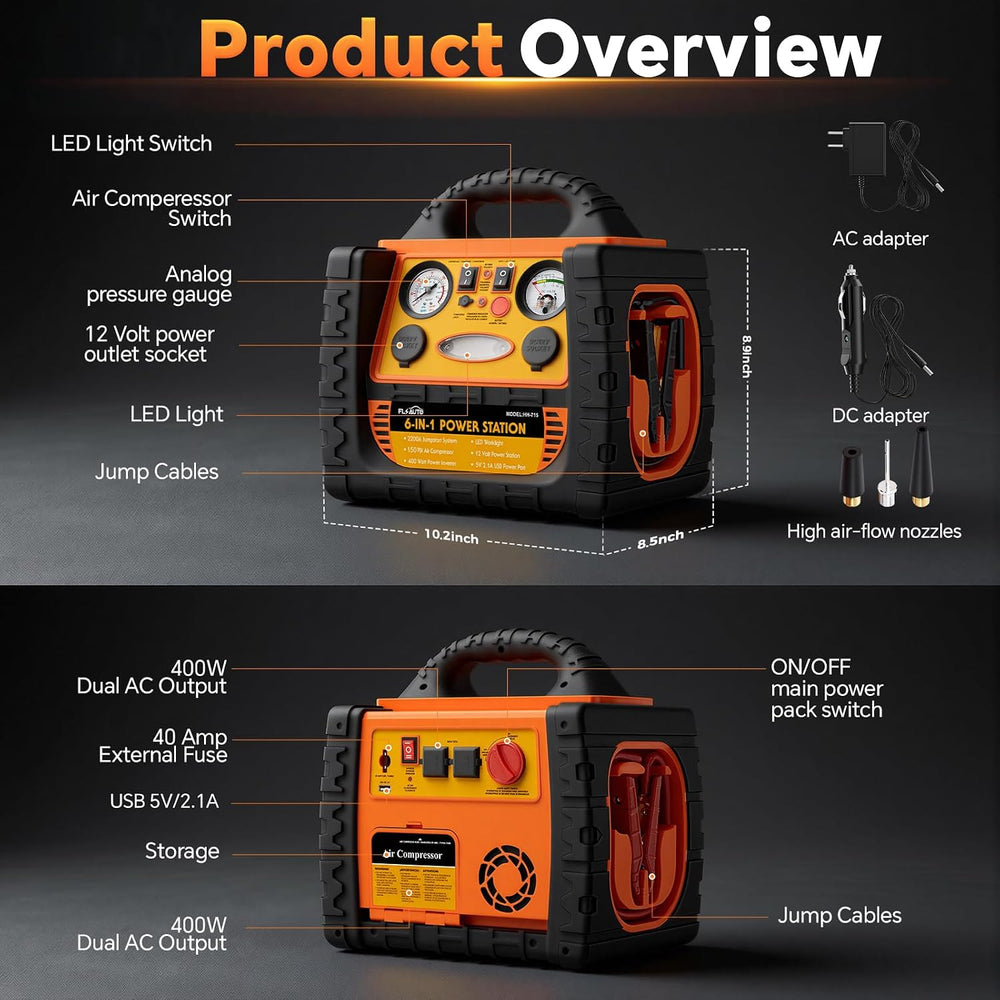 Portable Jump Starter with Air Compressor, FlyAuto 2200A Battery Booster for ...