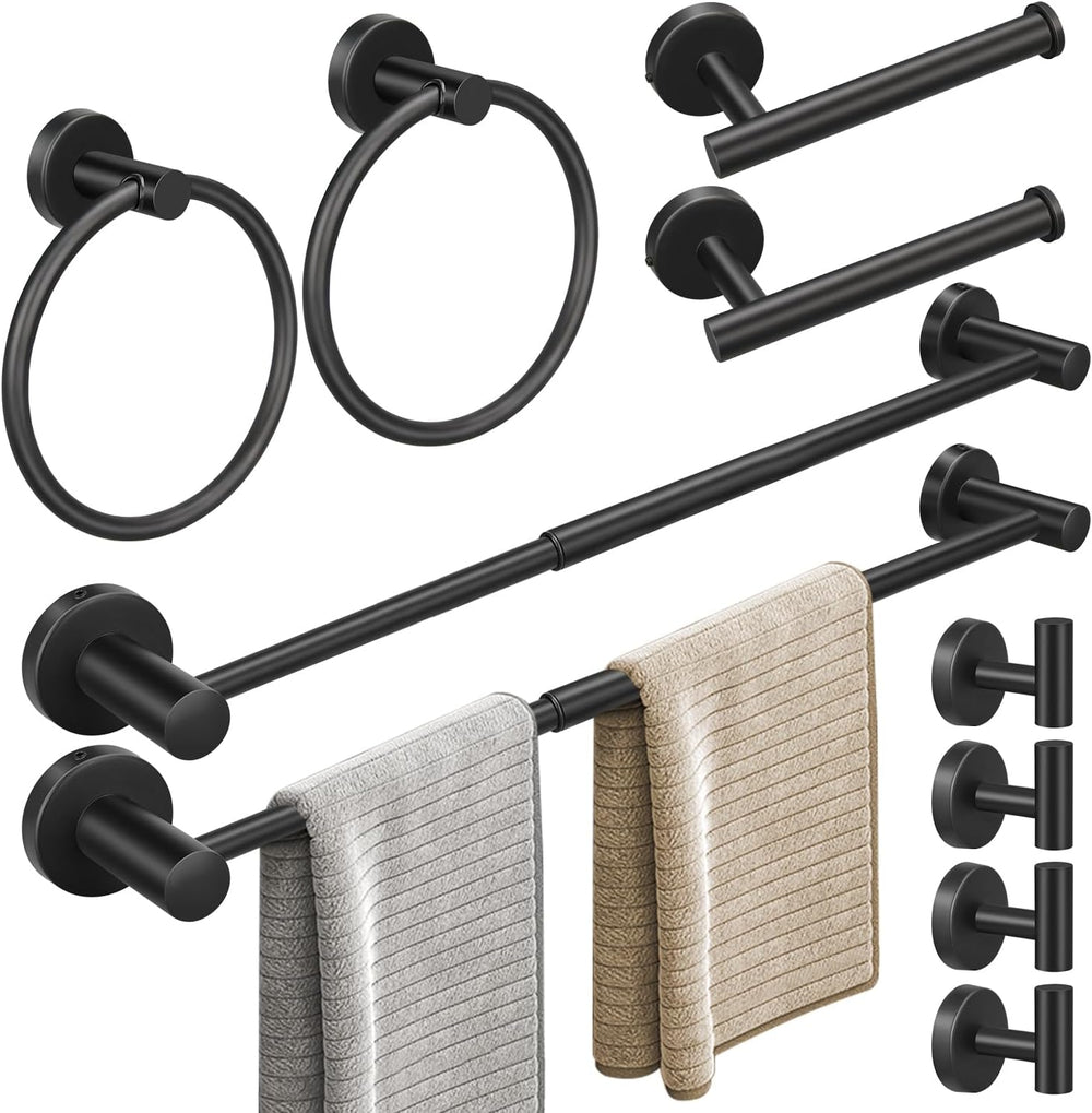 10pcs Matte Black Retractable Bathroom Hardware Set,