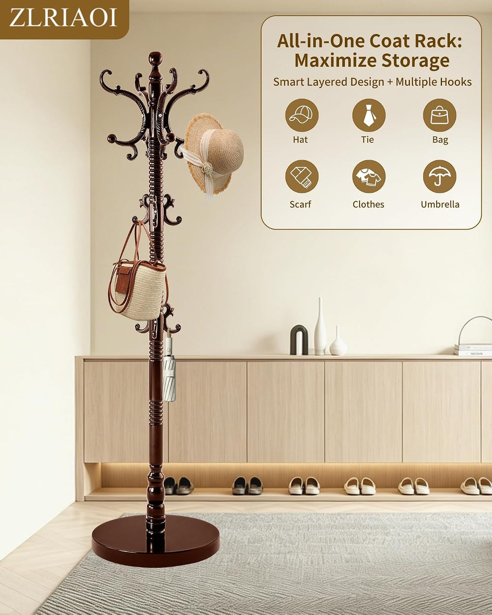 Wooden Coat Rack, Vintage Solid Wood Coat Rack Stand with 14 Hooks