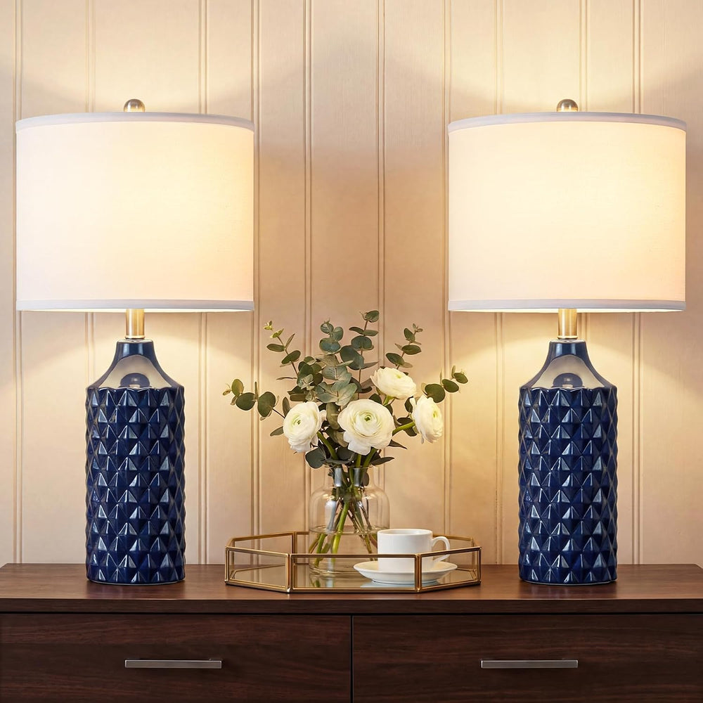 Qingmiao Modern Ceramic Table Lamp, Set of 2 - Navy Blue with Diamond Protrus...