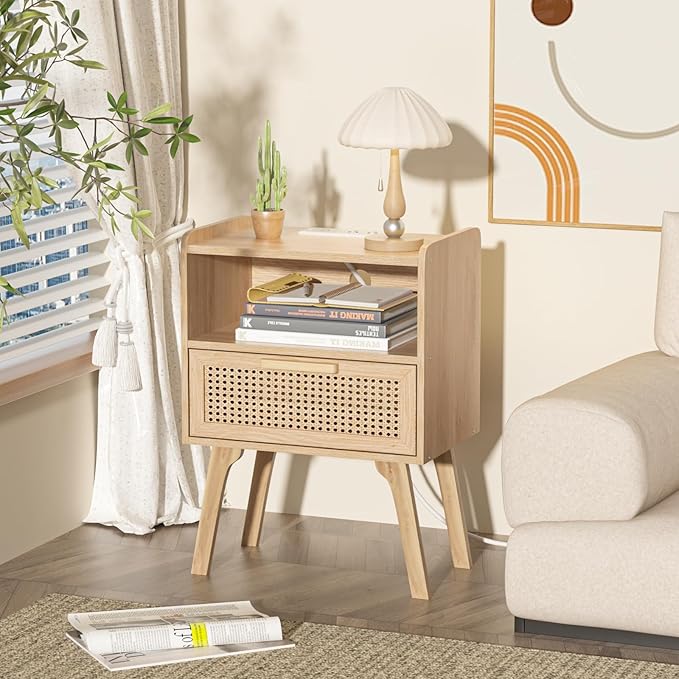 Lerliuo Rattan Nightstands Set of 2 with Charging Station, Boho Night Stand with Handmade Natural Rattan Drawer and Open Shelf, Side End Tables with Solid Wood Legs for Bedroom, Dorm, Small Spaces