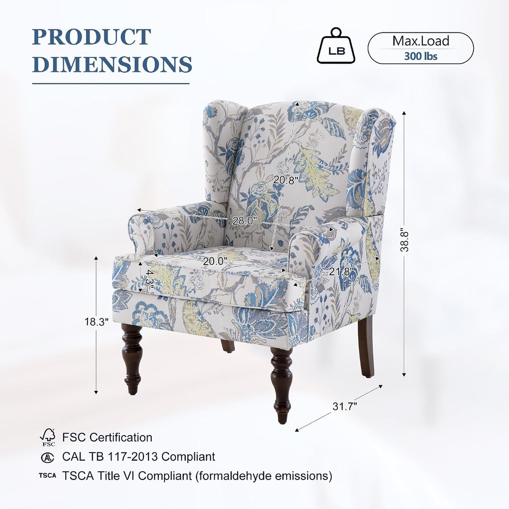 HUIMO Printed Wingback Accent Chair, Linen Upholstered High Back Armchair, Co...