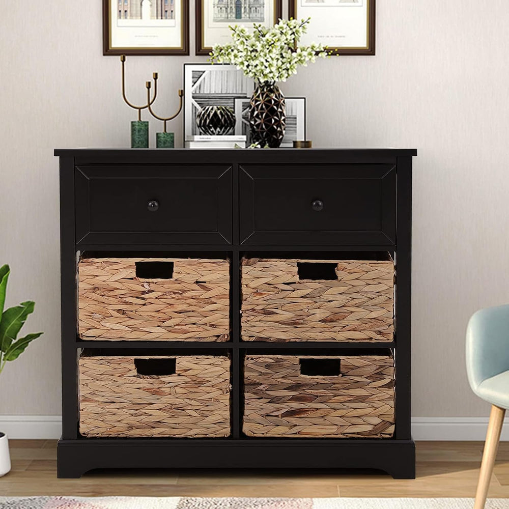 PHI VILLA Black Accent Cabinet with Rattan Basket, Storage Buffet Cabinet