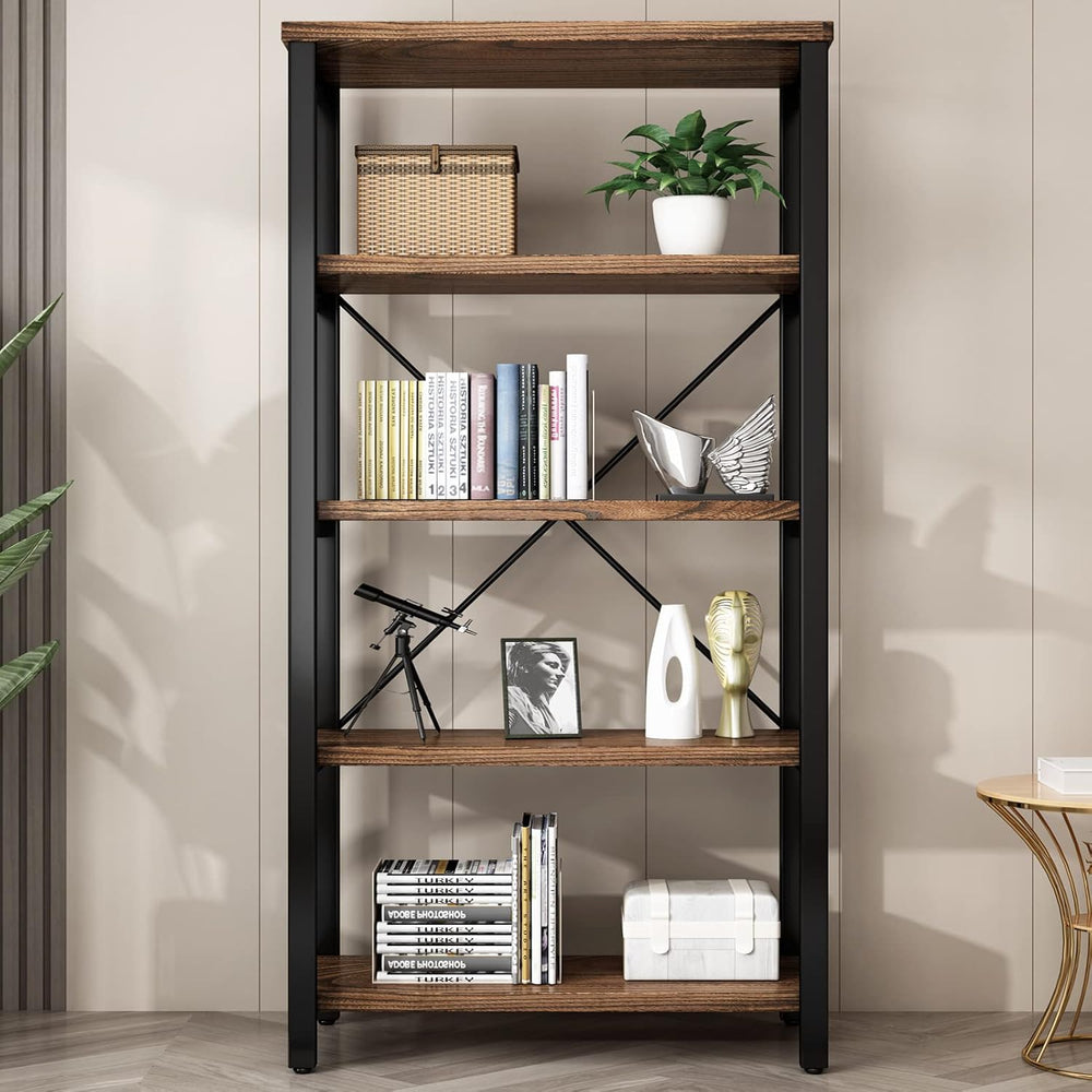 AY-AOYUAN 5-Tier Real Solid Wood Bookshelf, Industrial Metal Etagere