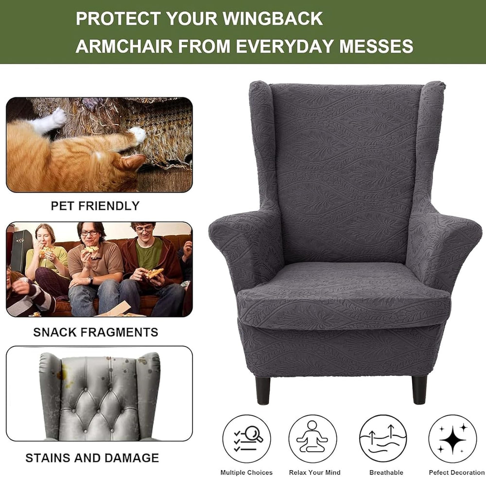 HAOYONG 2 Piece Wingback Chair Covers Stretch Wing Chair Slipcover Jacquard W...