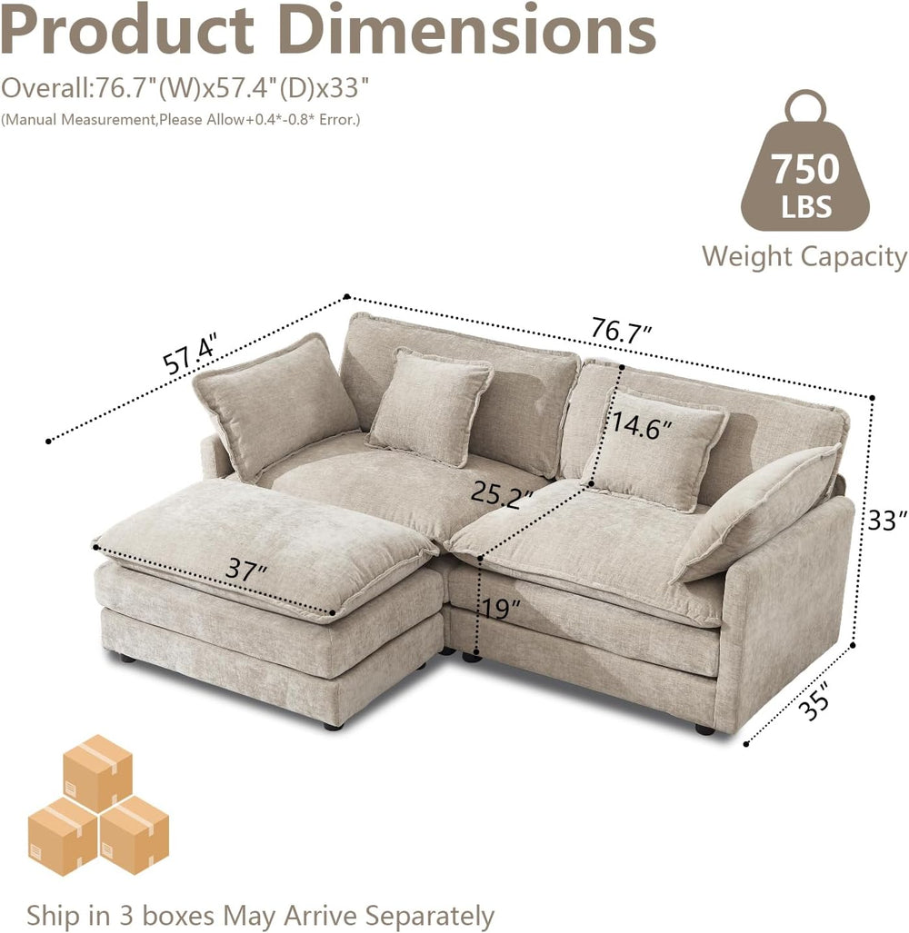 GNIXUU 76.7" Camel Small L Shaped Cloud Couch Loveseat Sofa with Ottoman
