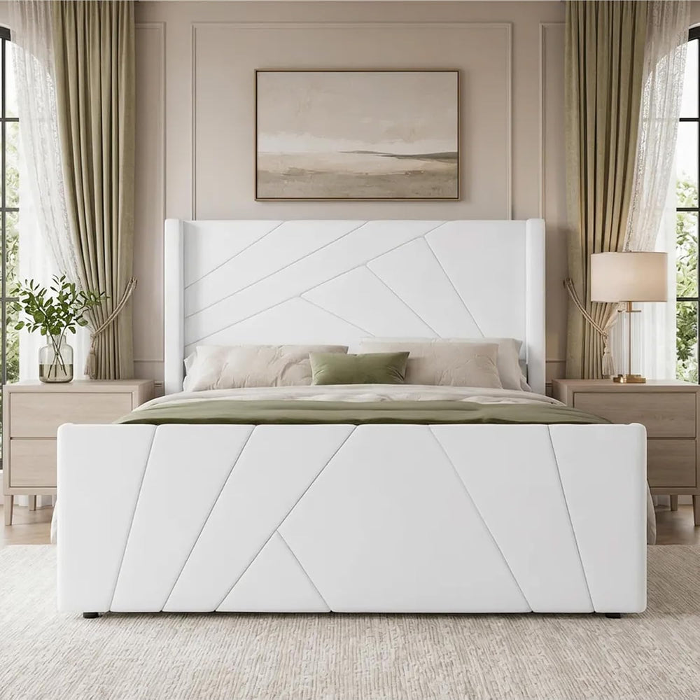 BarnFurin Full Size Bed Frame with Tall Geometric Wingback Headboard, Cream W...
