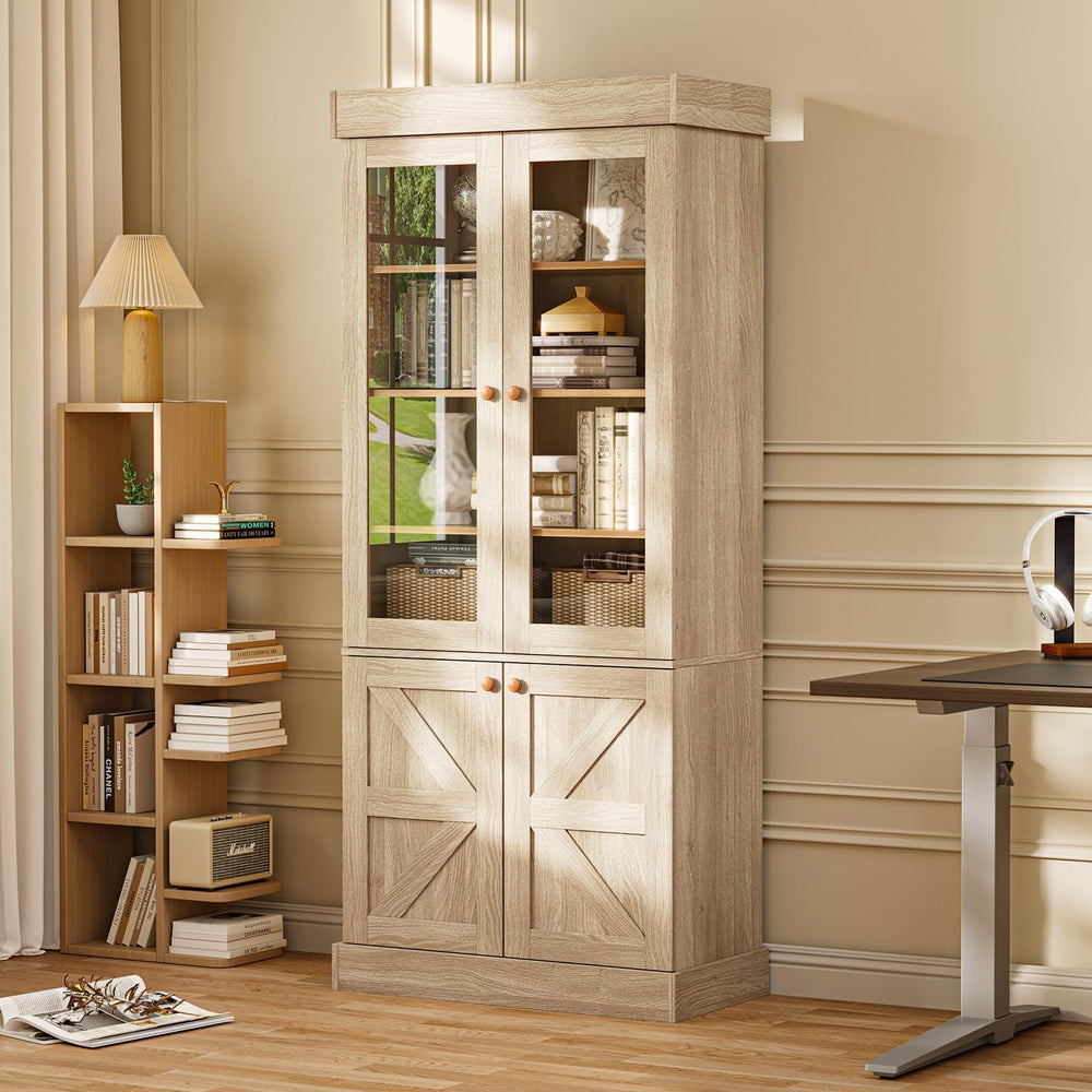 Vyre 71" Tall Farmhouse Bookshelves with Glass Doors, Brown Large Modula...