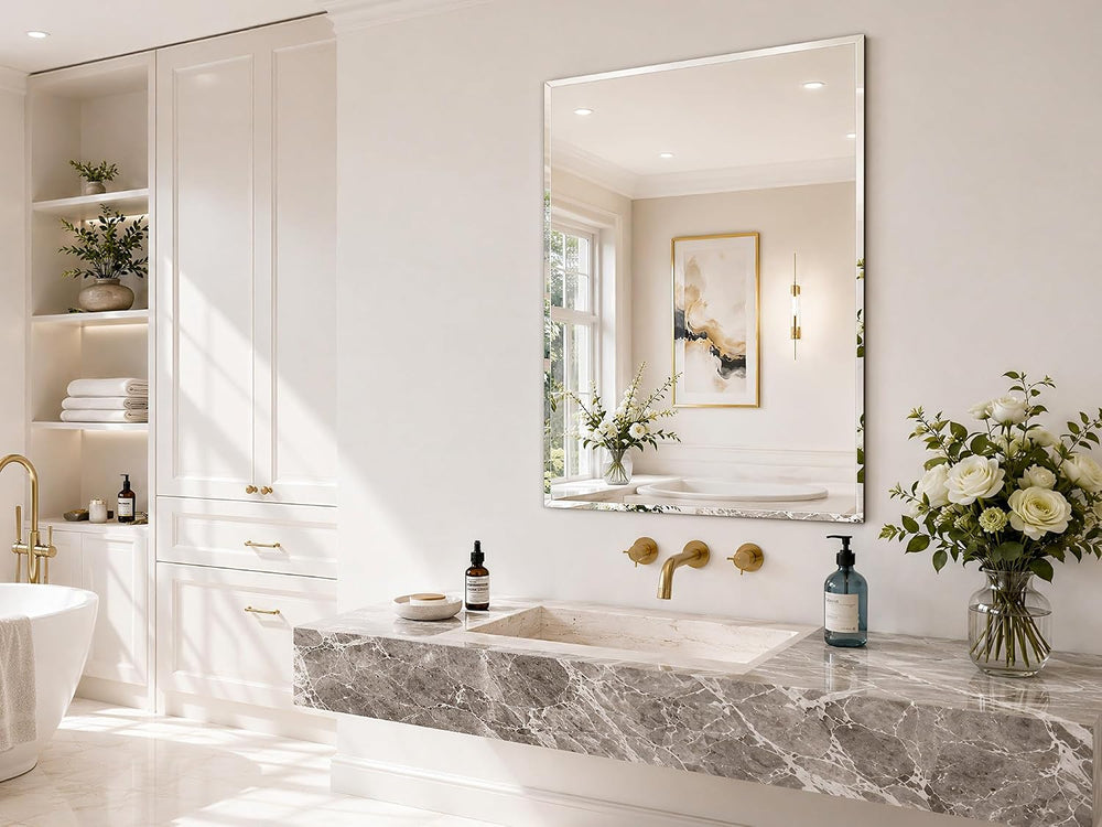 Beveled Wall Mirror, 24"x36" Frameless Bathroom Mirror