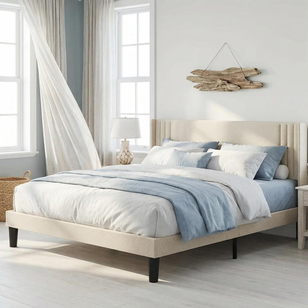 Gizoon Queen Bed Frame with Wingback Headboard, Upholstered Platform Bed